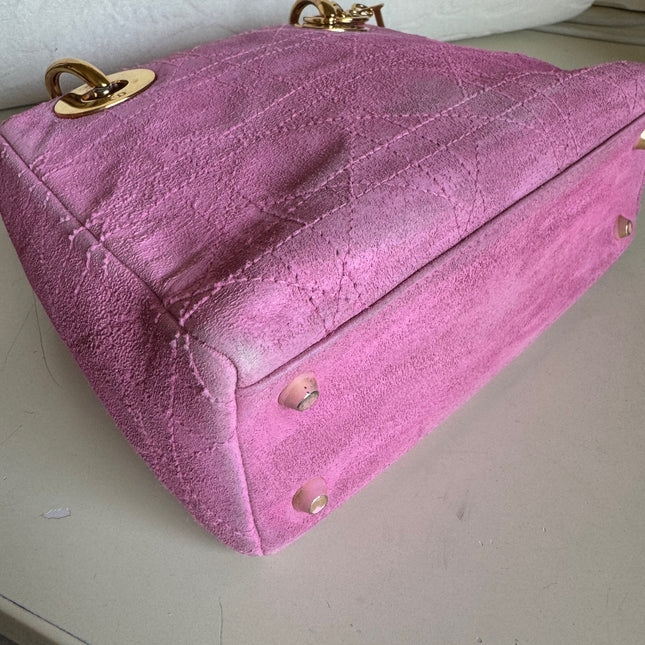 Sold Lady Dior Vintage Mini Pink Suede with Yellow Gold-tone Hardware