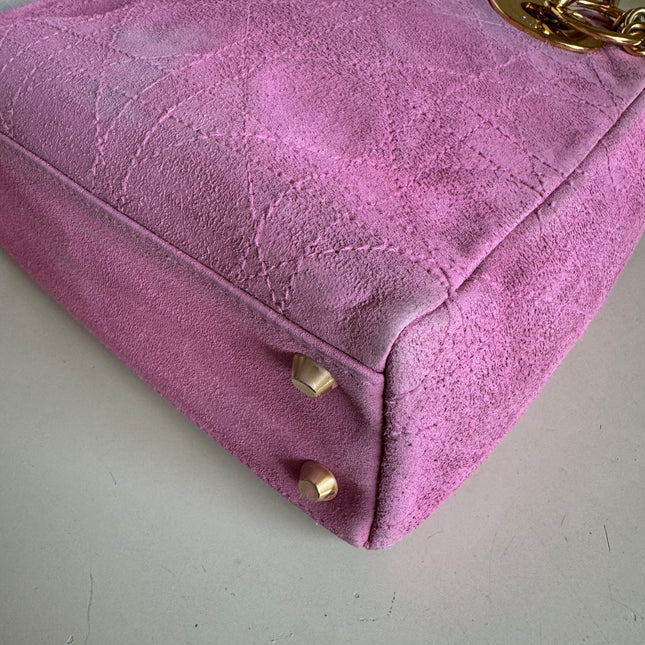 Sold Lady Dior Vintage Mini Pink Suede with Yellow Gold-tone Hardware