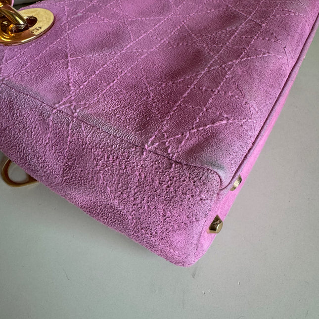 Sold Lady Dior Vintage Mini Pink Suede with Yellow Gold-tone Hardware
