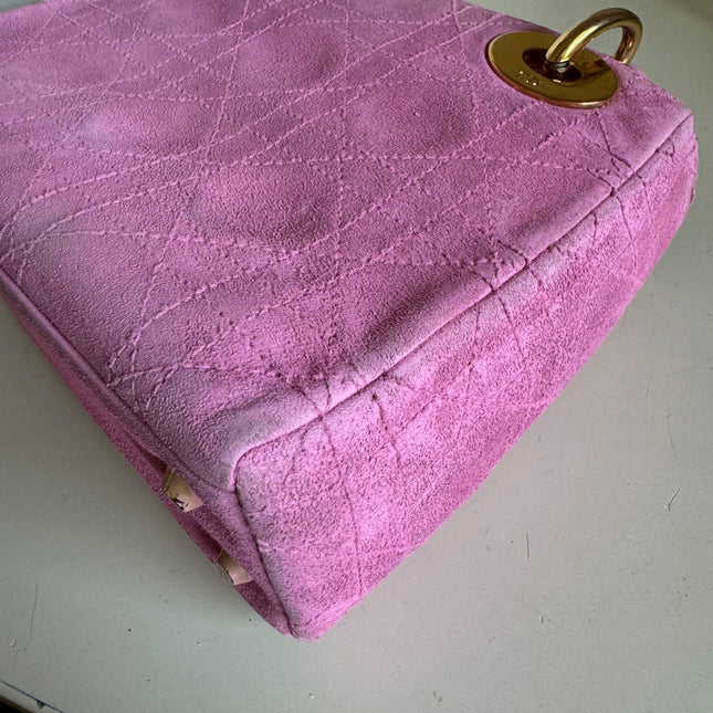 Sold Lady Dior Vintage Mini Pink Suede with Yellow Gold-tone Hardware