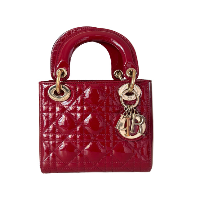 Lady Dior Mini Red Burgundy Patent Leather Gold Hardware Suede Interior Chain Strap 2019