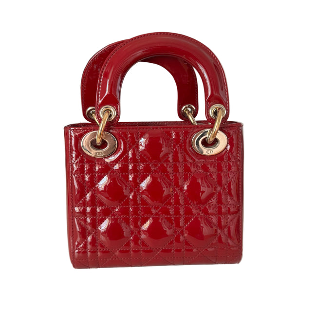 Lady Dior Mini Red Burgundy Patent Leather Gold Hardware Suede Interior Chain Strap 2019