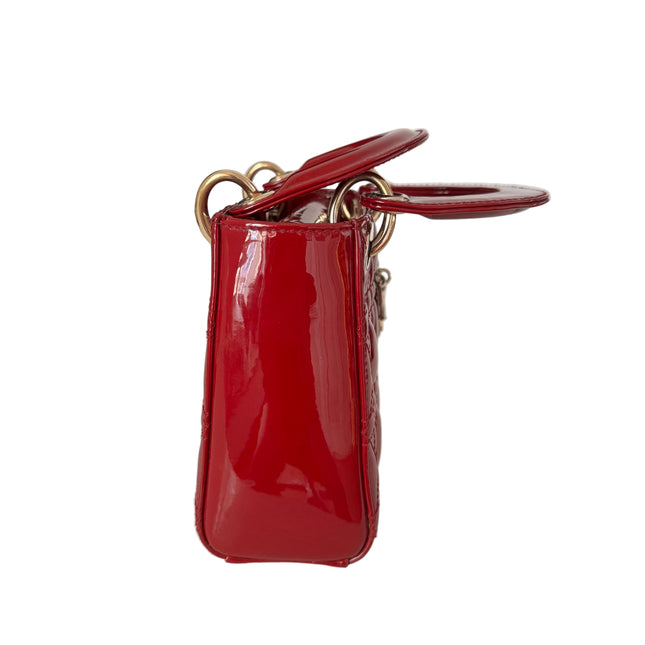 Lady Dior Mini Red Burgundy Patent Leather Gold Hardware Suede Interior Chain Strap 2019