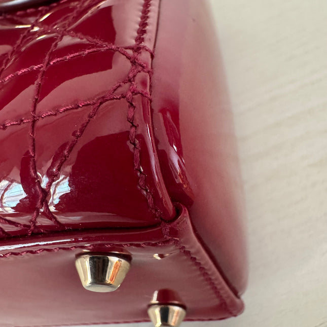 Lady Dior Mini Red Burgundy Patent Leather Gold Hardware Suede Interior Chain Strap 2019