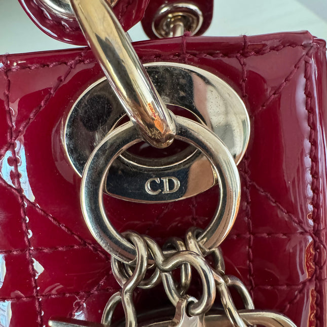 Lady Dior Mini Red Burgundy Patent Leather Gold Hardware Suede Interior Chain Strap 2019