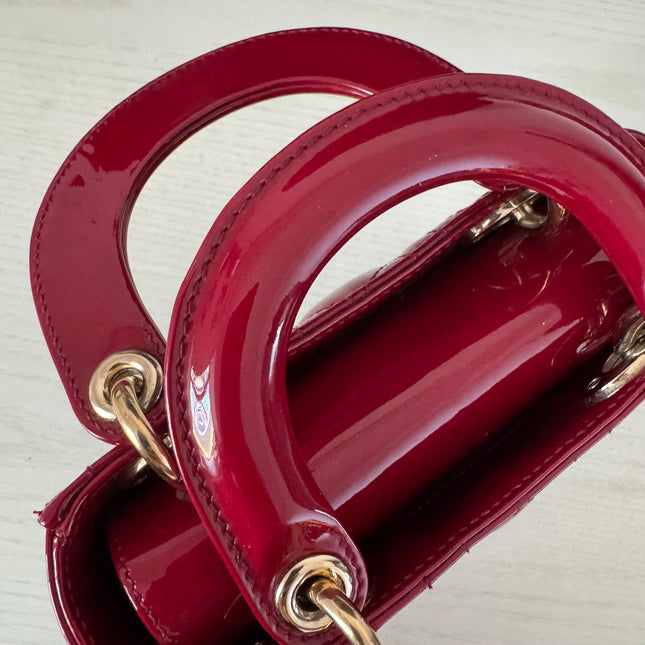 Lady Dior Mini Red Burgundy Patent Leather Gold Hardware Suede Interior Chain Strap 2019