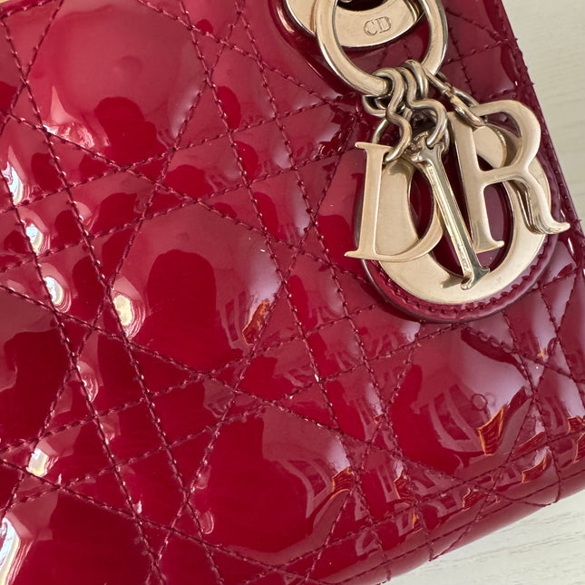 Lady Dior Mini Red Burgundy Patent Leather Gold Hardware Suede Interior Chain Strap 2019