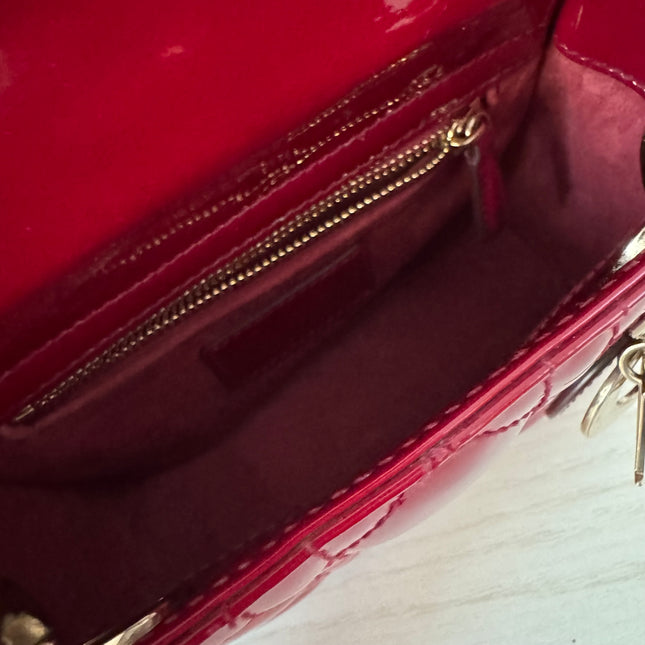 Lady Dior Mini Red Burgundy Patent Leather Gold Hardware Suede Interior Chain Strap 2019