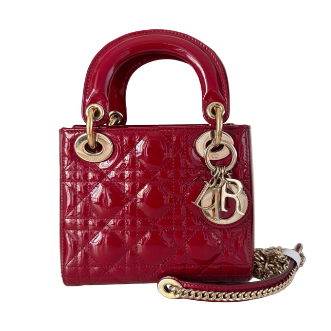 Lady Dior Mini Red Burgundy Patent Leather Gold Hardware Suede Interior Chain Strap 2019