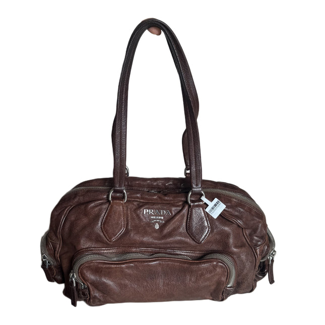 Prada Large Brown Washed Top Handle Bauletto Bag Calfksin Leather-Luxbags