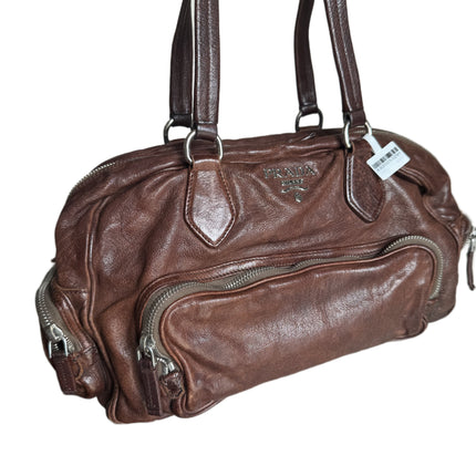 Prada Large Brown Washed Top Handle Bauletto Bag Calfksin Leather