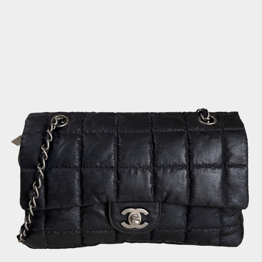 CHANEL Nylon Square Quilted Flap Bag Black Puffer Curved Bottom-Luxbags