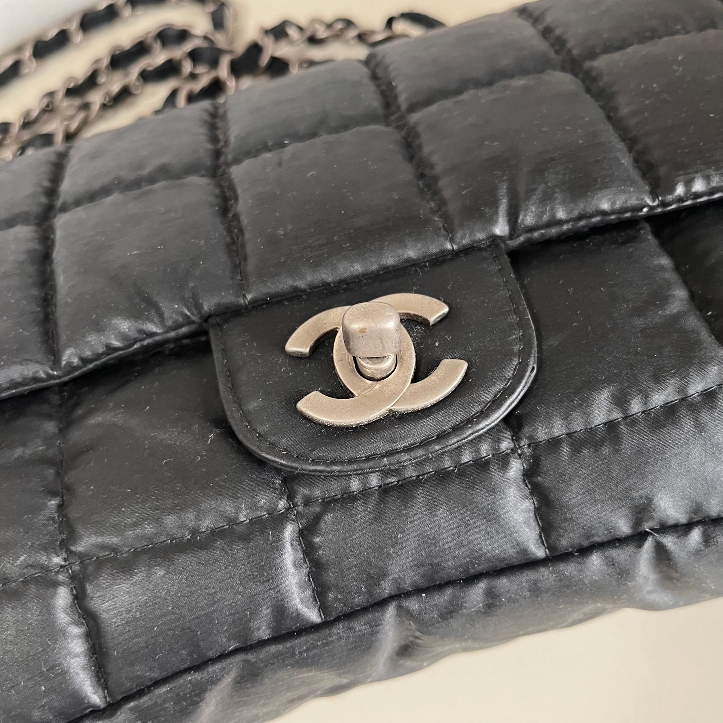 CHANEL Nylon Square Quilted Flap Bag Black Puffer Curved Bottom