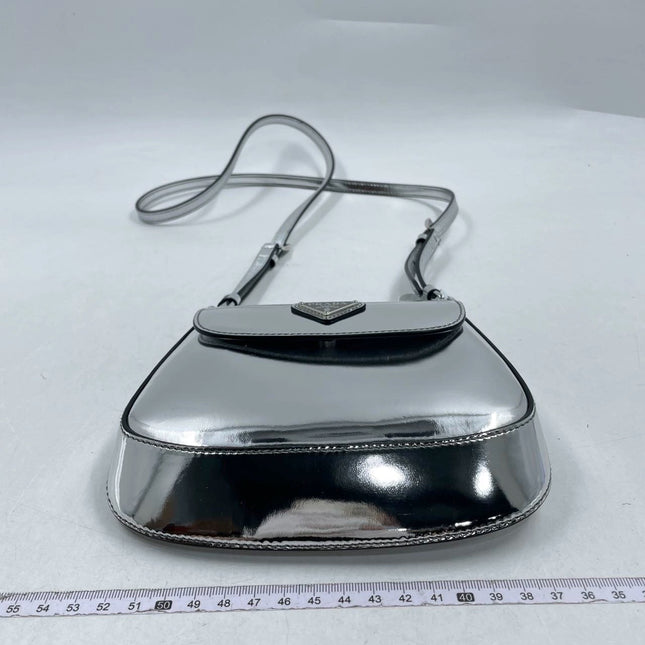 Sold Prada Cleo Flap Silver Leather Shoulder bag 2 Way Carry Short and Long Strap