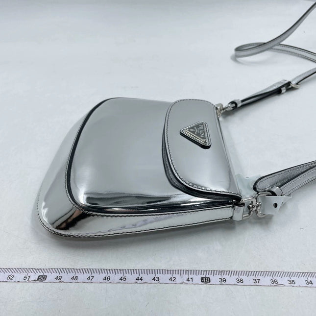 Sold Prada Cleo Flap Silver Leather Shoulder bag 2 Way Carry Short and Long Strap
