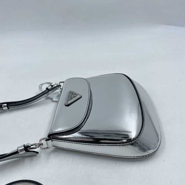 Sold Prada Cleo Flap Silver Leather Shoulder bag 2 Way Carry Short and Long Strap