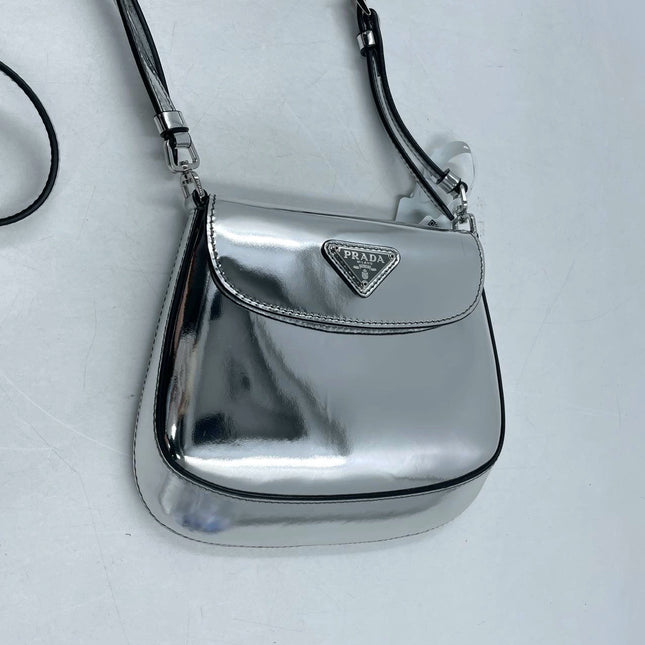 Sold Prada Cleo Flap Silver Leather Shoulder bag 2 Way Carry Short and Long Strap
