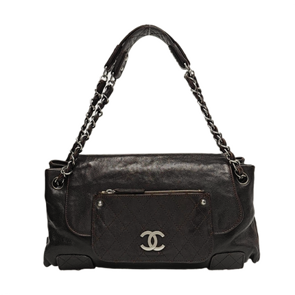 Chanel Glazed Caviar Leather Dark Brown Pocket Shoulder Bag 