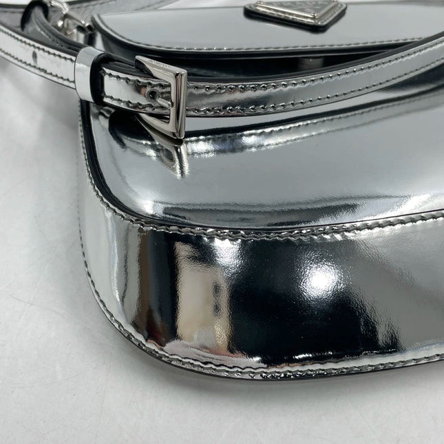 Sold Prada Cleo Flap Silver Leather Shoulder bag 2 Way Carry Short and Long Strap