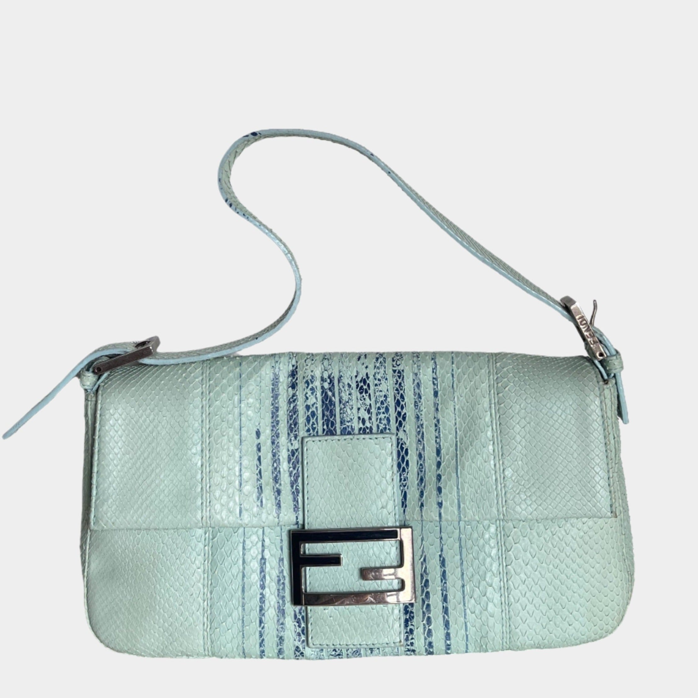 Fendi Baguette Blue Teal Python skin Leather Shoulder Bag