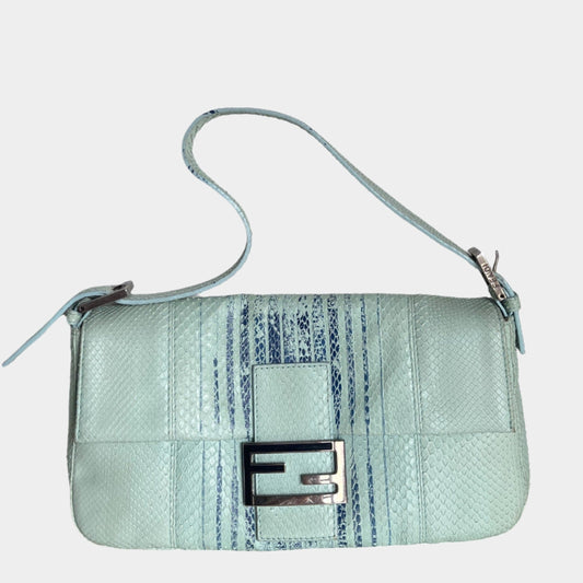 Fendi Baguette Blue Teal Python-skin Leather Shoulder Bag-Luxbags