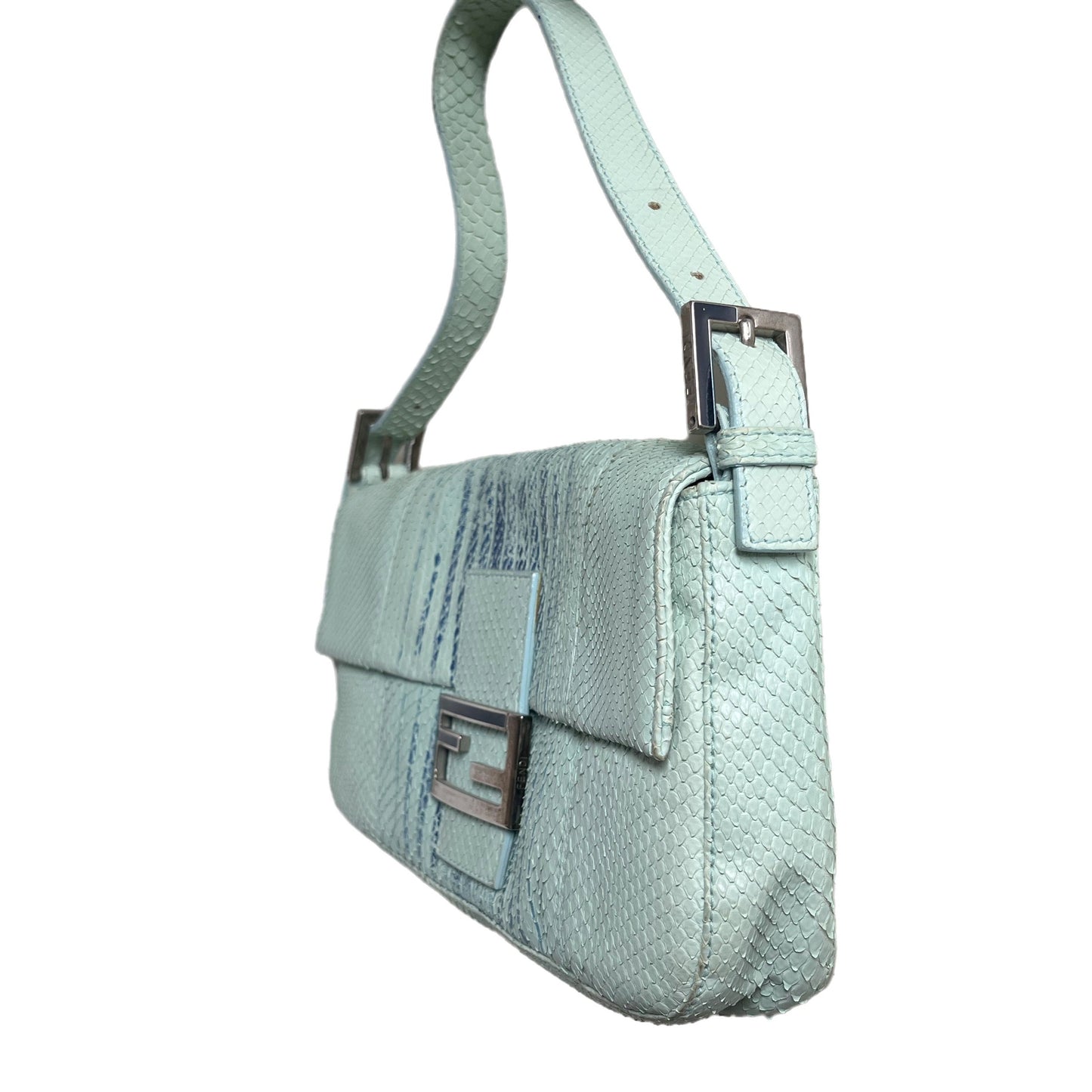 Fendi Baguette Blue Teal Python-skin Leather Shoulder Bag