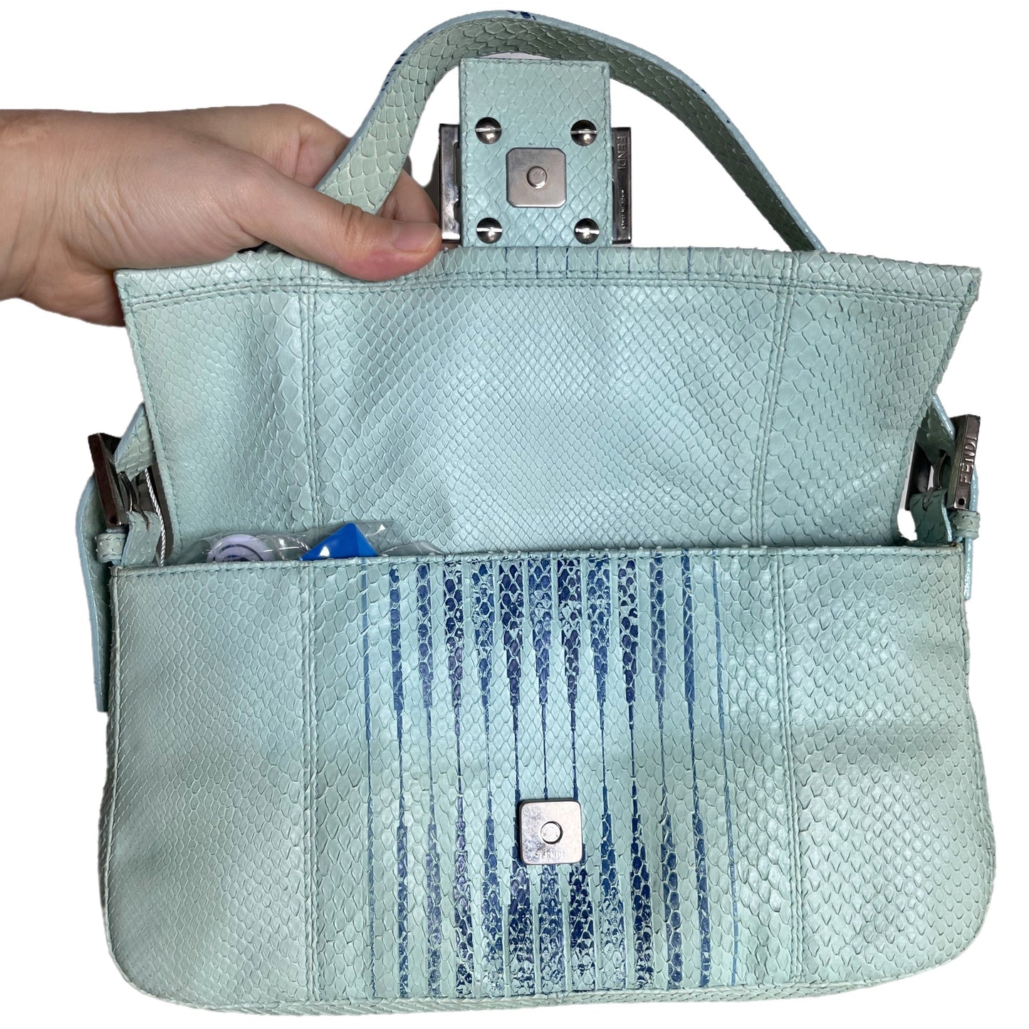 Fendi Baguette Blue Teal Python-skin Leather Shoulder Bag