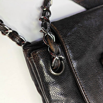 Chanel Glazed Caviar Leather Dark Brown Pocket Shoulder Bag