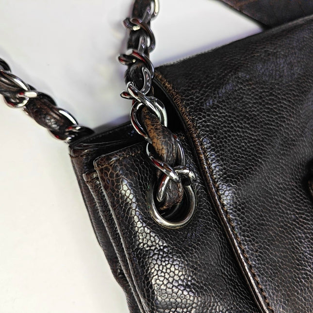 Chanel Glazed Caviar Leather Dark Brown Pocket Shoulder Bag