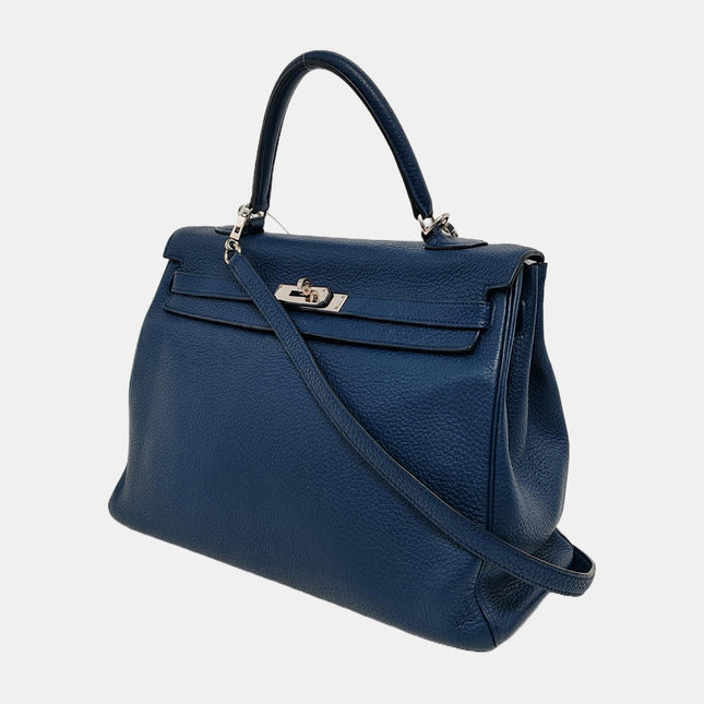 Hermes Kelly 35 Retourne Navy 7P Blue de Prusse Clemence Leather Palladium Hardware 2010