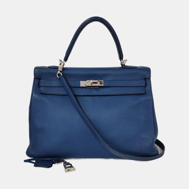 Hermes Kelly 35 Retourne Navy 7P Blue de Prusse Clemence Leather Palladium Hardware 2010