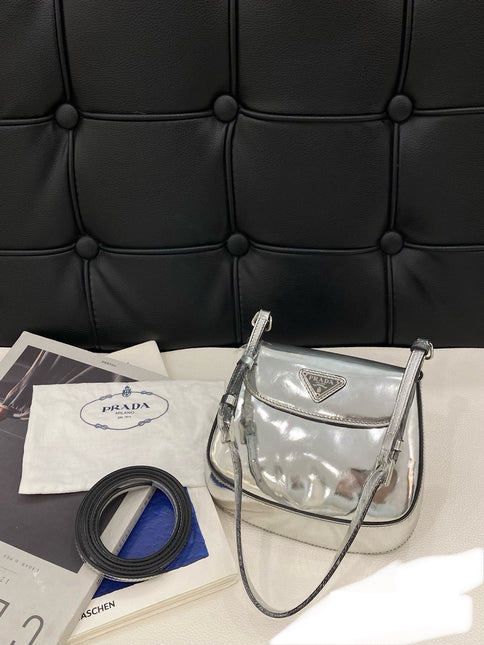 Sold Prada Cleo Flap Silver Leather Shoulder bag 2 Way Carry Short and Long Strap-Luxbags