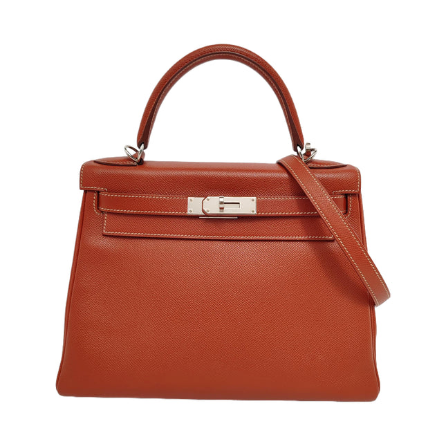 Hermes Kelly 28 Retourne 9T Capucine Orange Epsom Leather White Stitching Palladium Hardware 2011-Luxbags