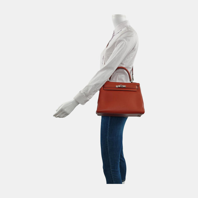 Hermes Kelly 28 Retourne 9T Capucine Orange Epsom Leather White Stitching Palladium Hardware 2011