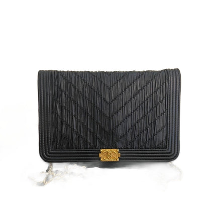 Chanel Wallet on Chain WOC Boy Black Calfskin Leather Chevron Wrinkled Effect-Luxbags