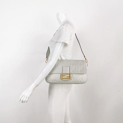Fendi Baguette White Leather 3D FF Motif Crossbody Bag Large