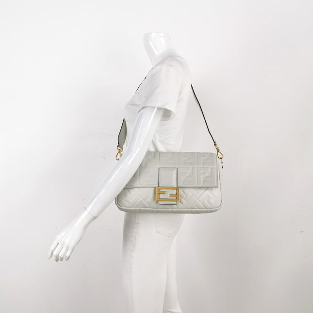 Fendi Baguette White Leather 3D FF Motif Crossbody Bag Large