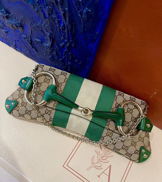 Iconic Gucci Horsebit 1955 Chain Cloth Gucci Monogram Green Leather and Gold Studs-Luxbags