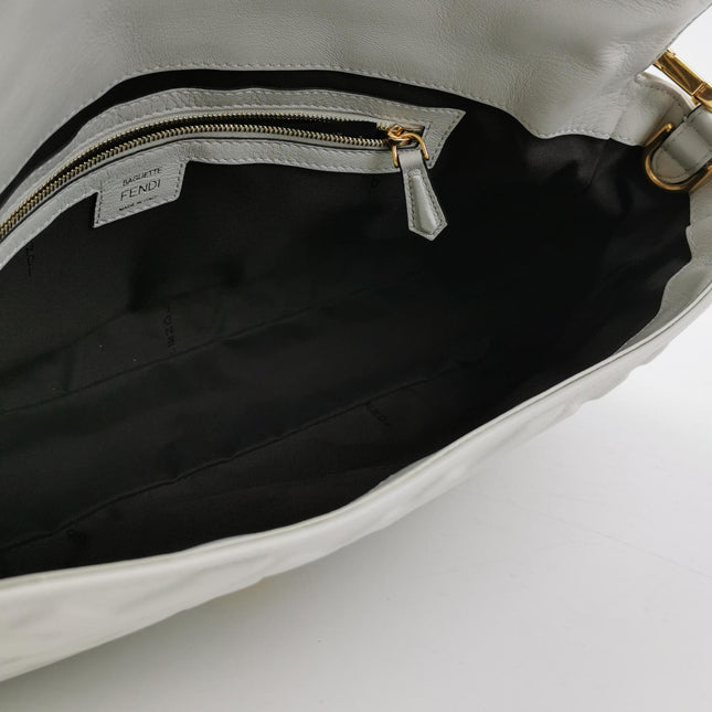 Fendi Baguette White Leather 3D FF Motif Crossbody Bag Large