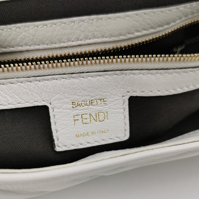 Fendi Baguette White Leather 3D FF Motif Crossbody Bag Large