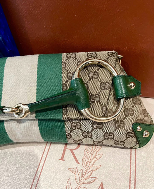 Sold Iconic Gucci Horsebit 1955 Chain Cloth Gucci Monogram Green Leather and Gold Studs