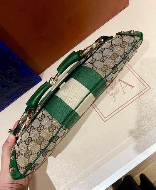 Sold Iconic Gucci Horsebit 1955 Chain Cloth Gucci Monogram Green Leather and Gold Studs