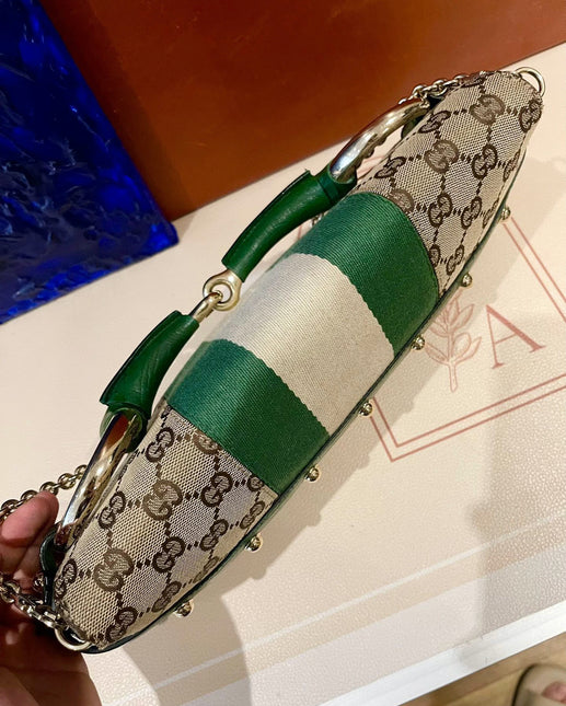 Sold Iconic Gucci Horsebit 1955 Chain Cloth Gucci Monogram Green Leather and Gold Studs