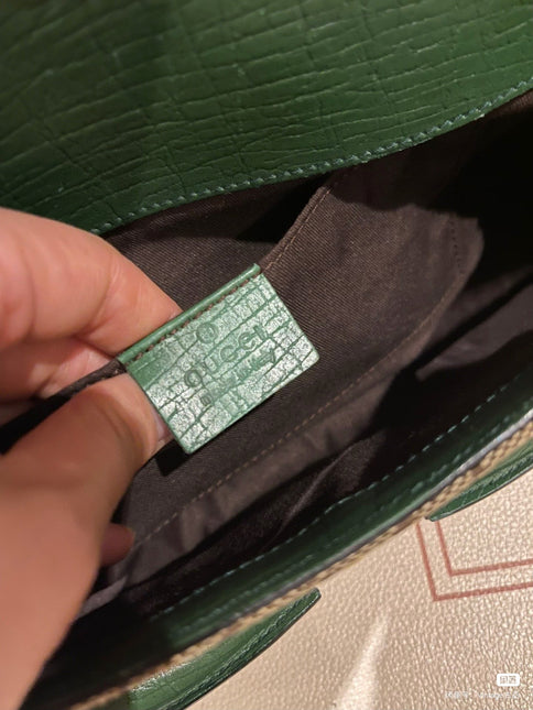 Sold Iconic Gucci Horsebit 1955 Chain Cloth Gucci Monogram Green Leather and Gold Studs
