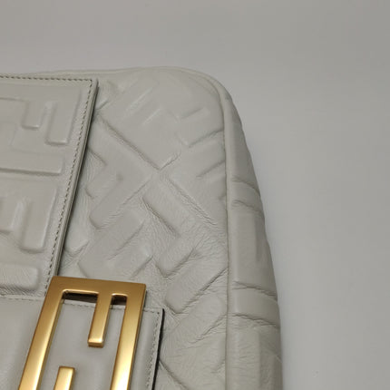 Fendi Baguette White Leather 3D FF Motif Crossbody Bag Large