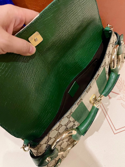 Sold Iconic Gucci Horsebit 1955 Chain Cloth Gucci Monogram Green Leather and Gold Studs