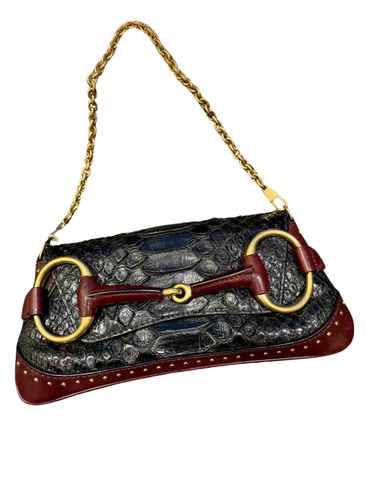 Gucci Horsebit 1955 Black Crocodile Skin and Burgundy Leather based and Gold Hardware Small-Luxbags