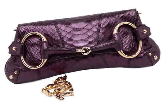 Gucci Horsebit 1955 Metallic Purple Lizard Skin Shoulder Bag Large-Luxbags