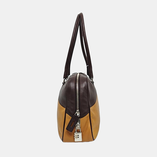 Prada bowling brown leather and suede top handle bag