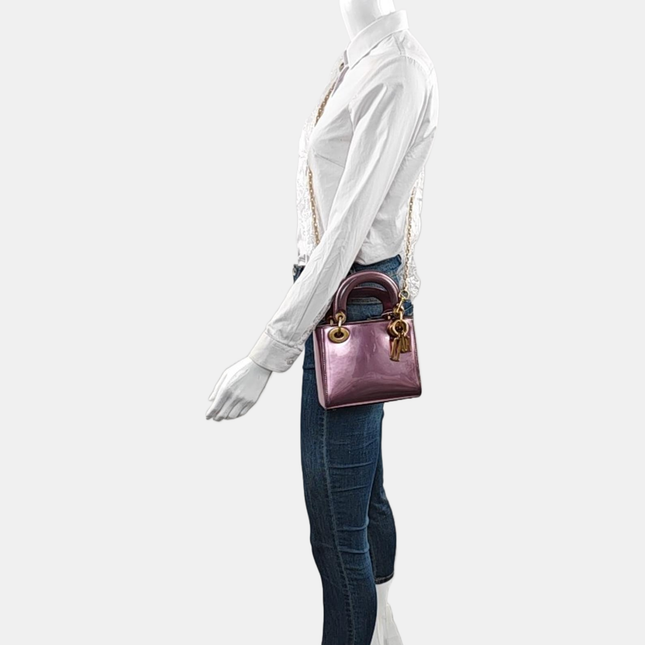 Lady Dior Mini Metallic Pink Patent Leather Gold Hardware Suede Interior 2018